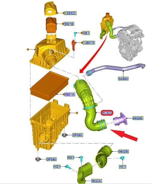  FORD TRANSIT V363 HAVA FİLTRE HORTUMU PLASTİK BORU HARİÇ Not :OK İLE GÖSTERİLEN KÜÇÜK HORTUM Montaj Yeri : Hava Filtre Kutusuna
