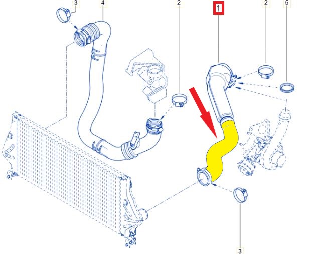 TURBO HORTUMU METAL BORU HARİÇ Not :	OK İLE GÖSTERİLEN BÜYÜK HORTUM Montaj Yeri : Turbo Radyatörü İle Turboşarj Arasında